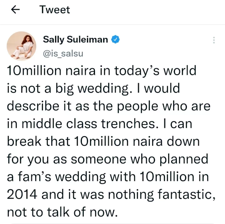 "10 million Naira wedding is not a big wedding" Media personality Sally says