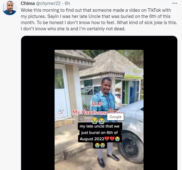 Media personality, Chima, shocked to find out TikToker used his photos claiming he is her dead Uncle