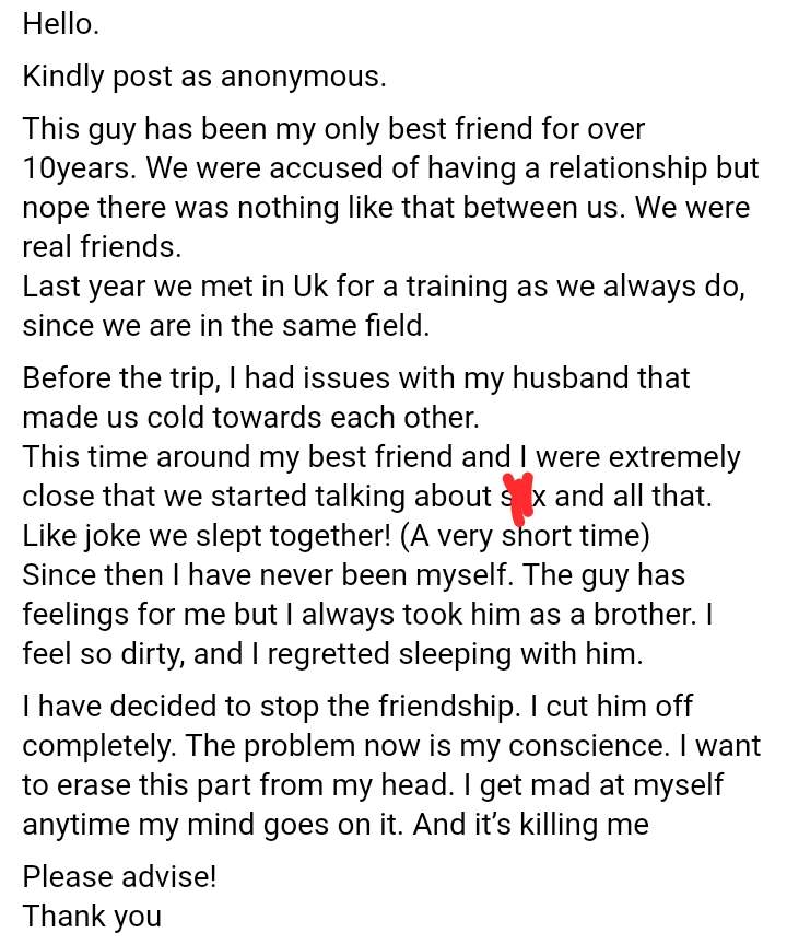 Lady seeks advice on how to cleanse her conscience after sleeping with long-term male best friend following quarrel with husband