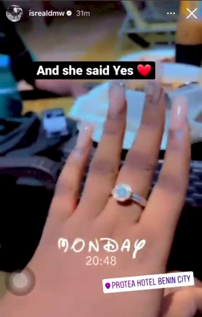 'From a simple dinner to an engagement night' - Lady excited as Davido's aide, Isreal DMW proposes to her (Video)