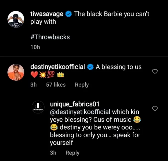 'Speak for yourself' - Nigerians tackle Destiny Etiko over comment on Tiwa Savage's photos