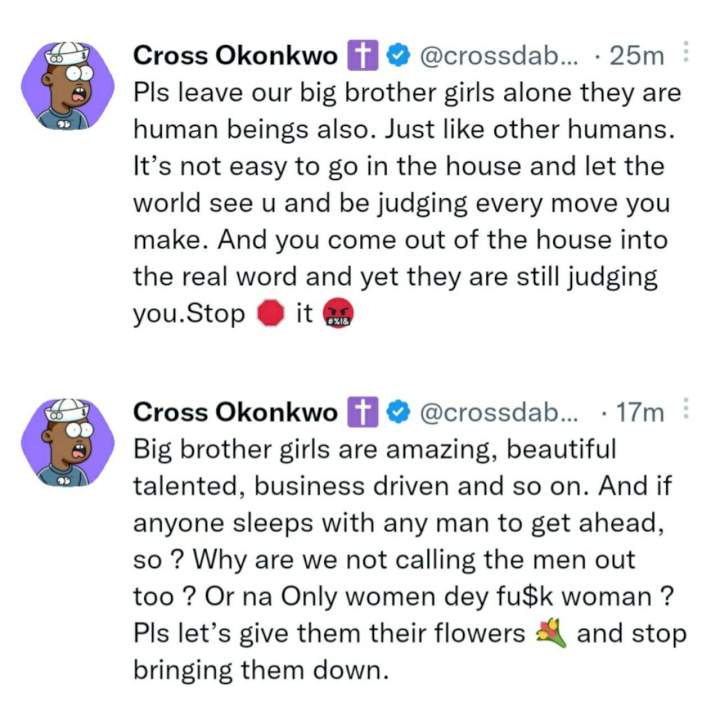 'If u think it's easy to do? pls go into the big brother house' - BBNaija's Cross knocks netizens for disrespecting BBNaija female housemates