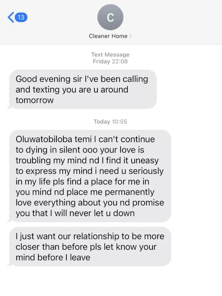 Man expresses concern as his cleaner who has two children professes love for him