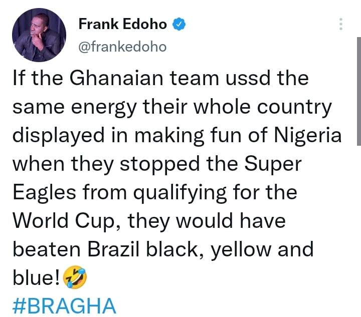 Frank Edoho slams troll who claims Ghana is better than Nigeria despite 3-0 loss to Brazil