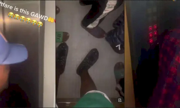 Drama as big boys cry for help while stuck in elevator (Video)