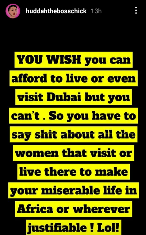 Ya'll can't afford bus ride to the next village - Huddah Monroe slams people hating on women that visit Dubai after video of lady eating faeces for '$50,000' surfaces