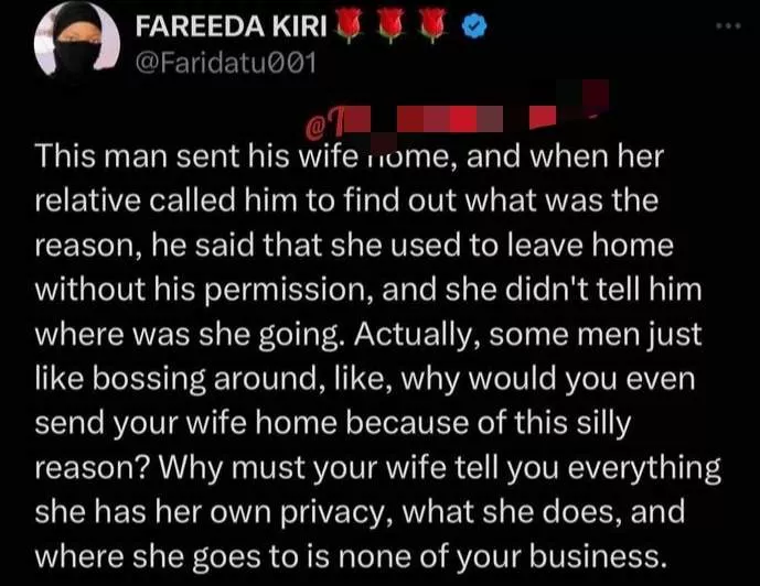Controversy erupts as man sends wife back to her father's house for leaving home without his permission