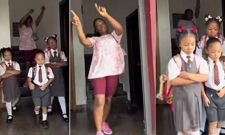 "As e dey sweet us, e dey pain them" - Mother dances happily as her children resume school with angry faces