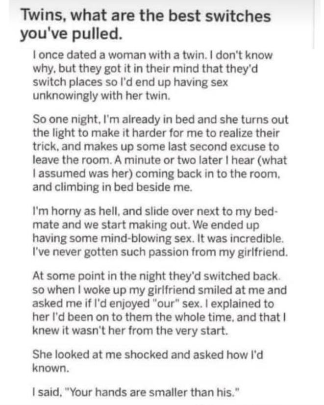 Man narrates how his girlfriend switches with her twin to sleep with him