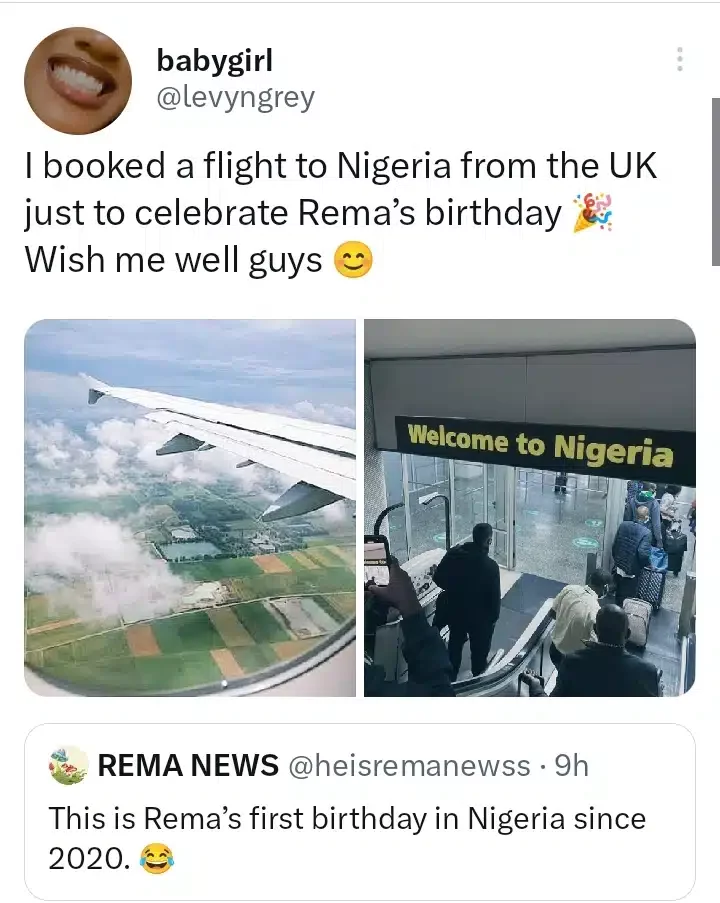 Female fan flies from UK to Nigeria to celebrate Rema's 23rd birthday