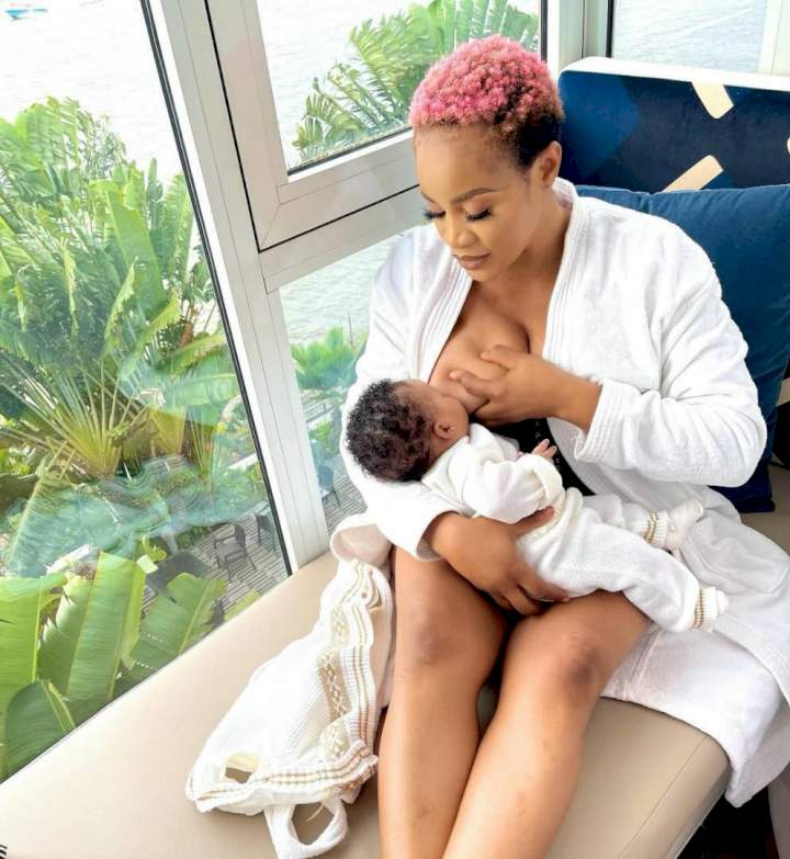 'Breastfeed your babies. Not men'- Actress Uche Ogbodo tells women as she shares photos of herself breastfeeding her baby