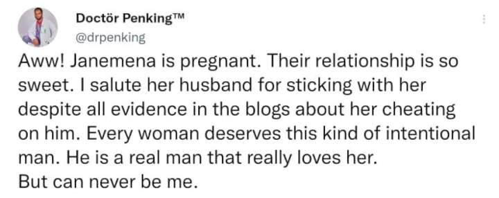 'It can never be me' - Nigerian doctor salutes Janemena's husband for sticking with her despite cheating allegations