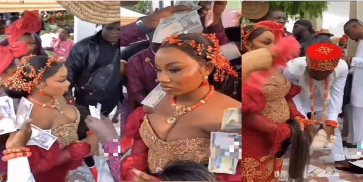 Beautiful bride not allowed to smile until groom sprays enough money (Video)