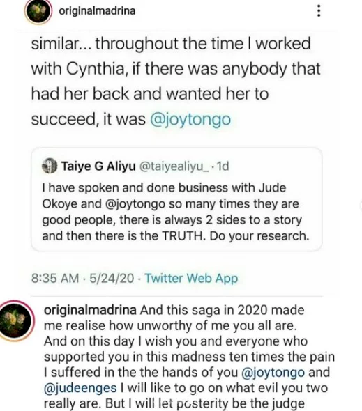 Cynthia Morgan calls out former record label boss, Jude Okoye and former manager Joy Tongo...again