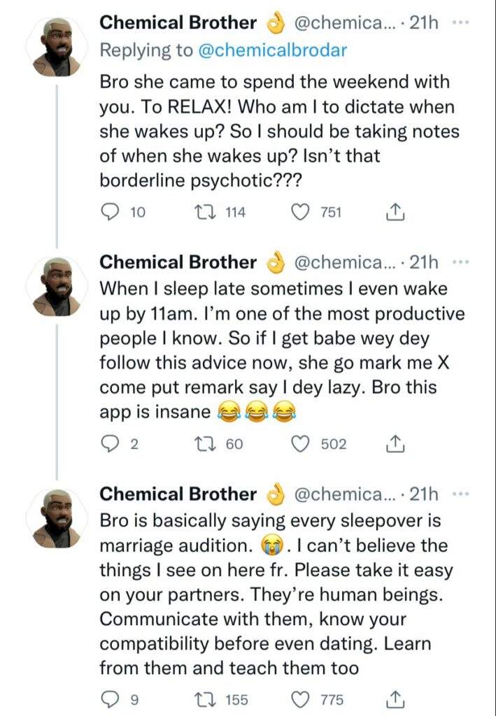 Man carpets Twitter user who told men their girlfriend is lazy if she stays in bed till 8am when she comes to spend the weekend