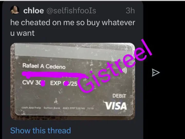 'Buy whatever you want' - Lady releases boyfriend's debit card on social media for allegedly cheating on her