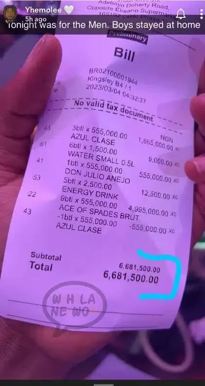 YhemoLee shows off receipt of N6M he spent on drinks in one night