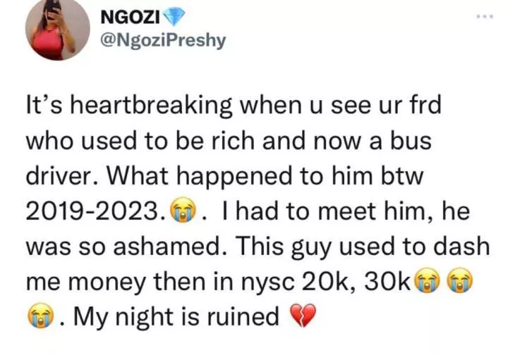 Lady heartbroken after seeing her once-rich friend working as a bus driver