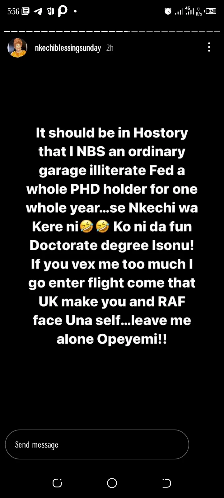 'Phd holder wey illiterate like me dey help type caption' - Nkechi Blessing fires back at ex-lover, Opeyemi Falegan