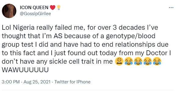 Lady narrates how she ended multiple relationships due to wrong genotype diagnosis