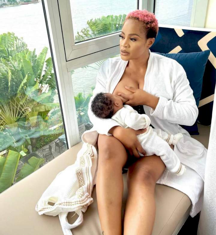 "Breastfeed your babies. Not men'- Actress Uche Ogbodo tells women as she shares photos of herself breastfeeding her baby