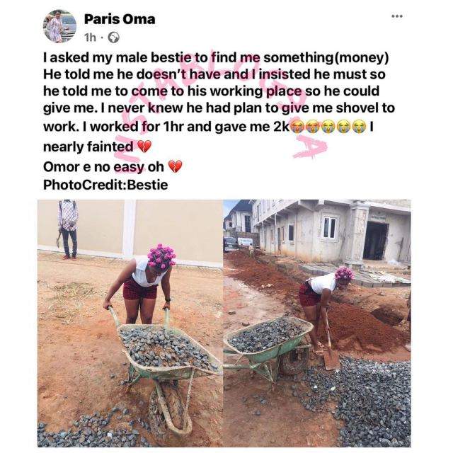 Male bestie takes lady to work as laborer after asking him for 'urgent 2k'