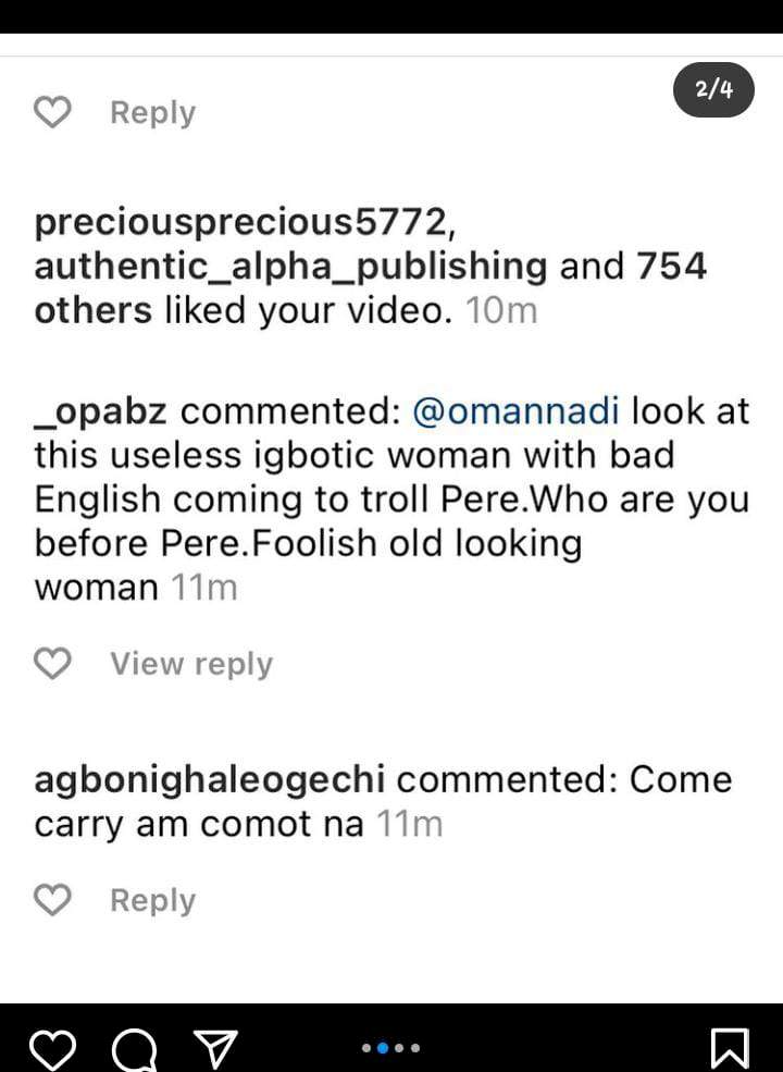 BBNaija: Actress Oma Nnadi shares vile messages she got from Pere fans after she campaigned that 'Pere must go'