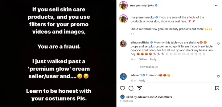 'You're a fraud if you sell skin care products and use filter' - Mary Remmy Njoku tells skin care product sellers