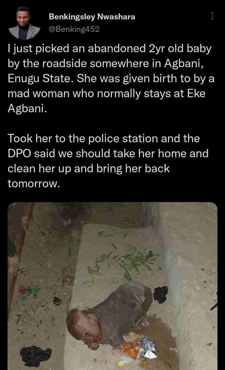 Man melts hearts after rescuing 2-year-old girl abandoned by mentally challenged mother in Enugu