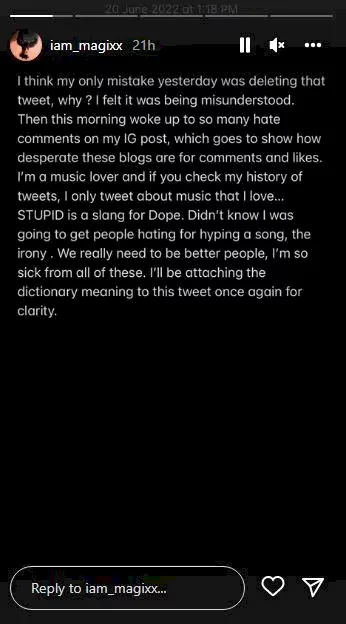 After being dragged for tagging Wizkid's song as 'stupid', Magixx gives vivid explanation