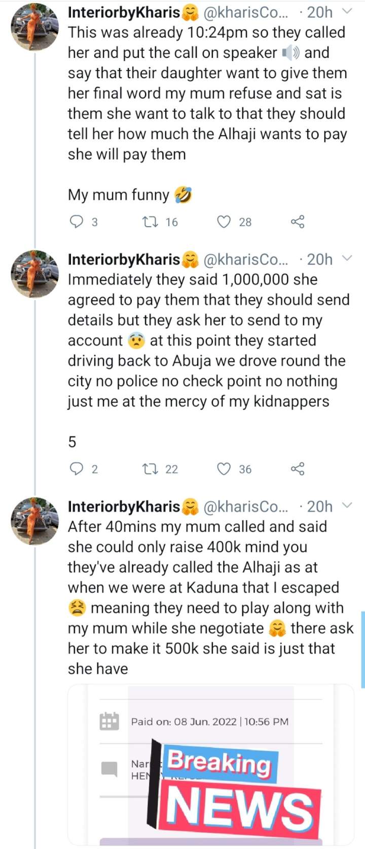 Woman kidnapped in Abuja and taken to Kaduna recounts her ordeal in captivity