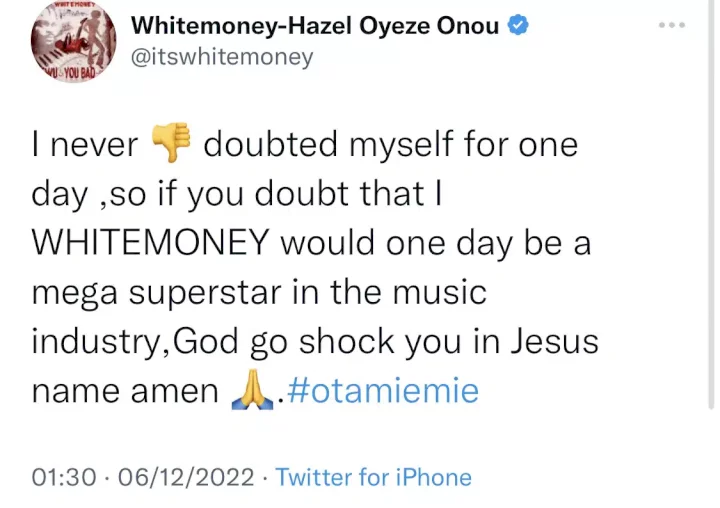 'If you doubt that I'll one day be a music megastar, God will shock you' - BBNaija star, Whitemoney