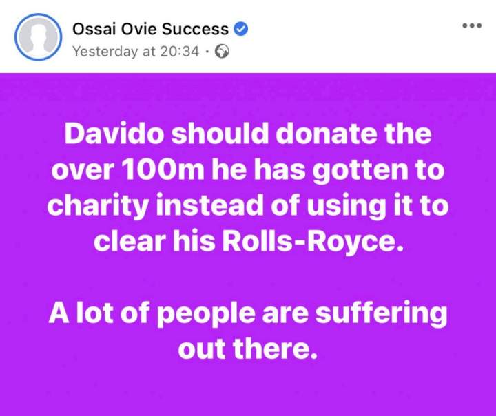Davido should donate money received to Charity - Okowa's aide