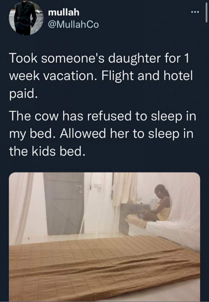 How she refused to sleep on same bed with me after paying her flight, hotel for one week vacation - Man narrates