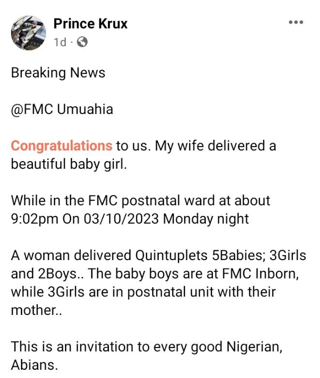 Young Nigerian lady breaks record in Abia hospital as she delivers 5 children at once (Photos)