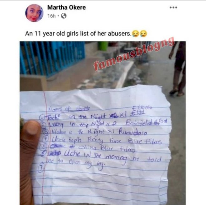 11-year-old girl makes list of men who have abused her and the number of times