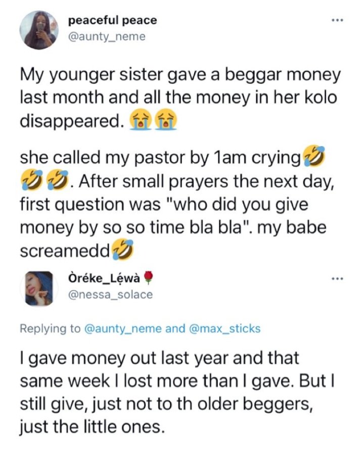 Lady narrates how her little sister savings disappeared after dashing' a roadside beggar money