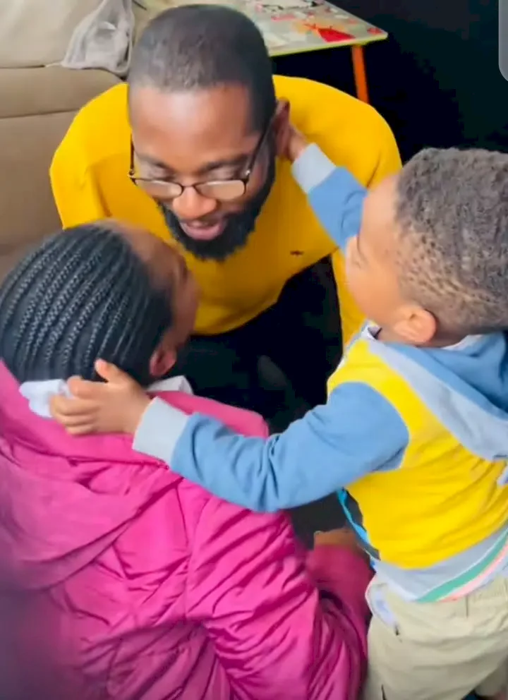 'He wants a younger one' - Reactions as 2-year-old boy makes parents kiss (Video)