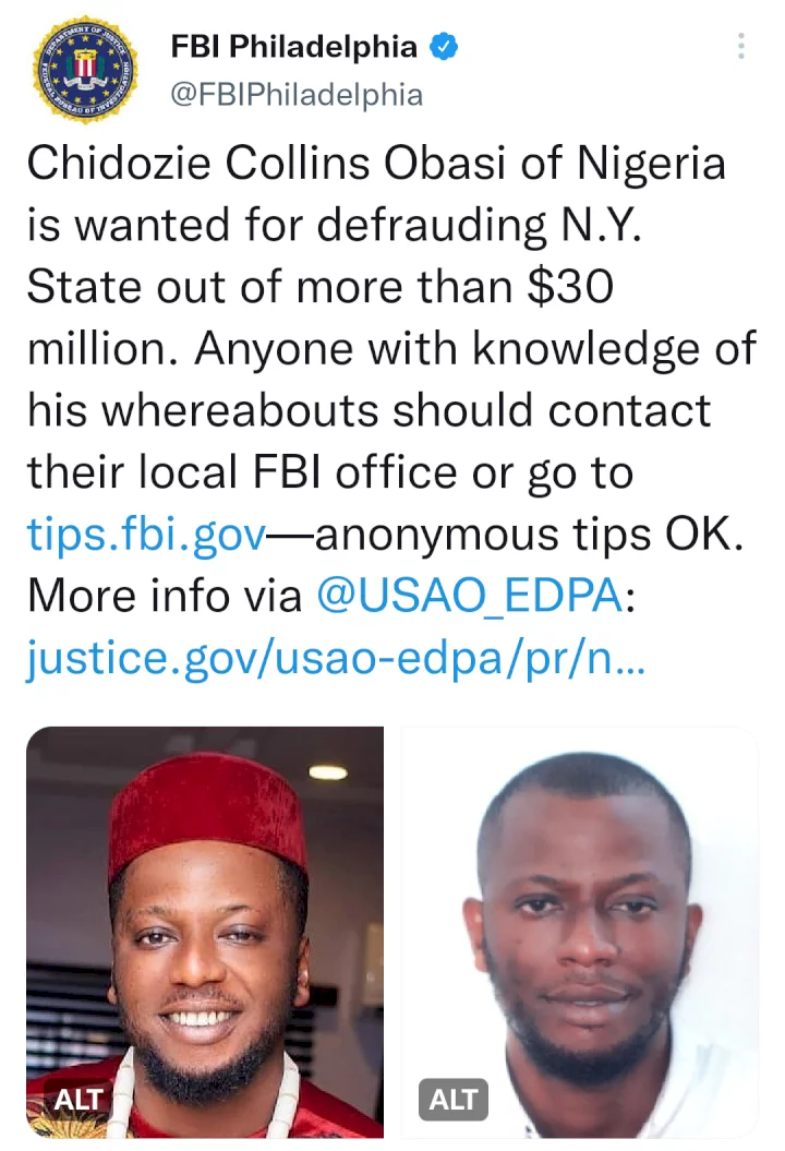 FBI puts Nigerian Chidozie Collins Obasi on wanted list for allegedly defrauding New York state out of more than $30 million by selling non-existent ventilators