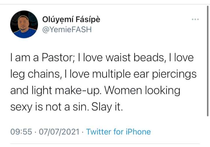 'Women looking sexy is not a sin, I love them on leg chains and waist beads' - Pastor asserts