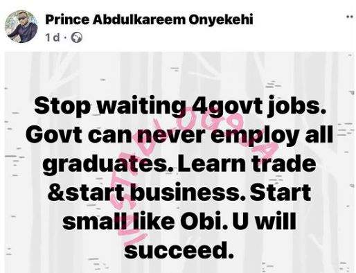 'Stop waiting for government jobs, start small like Obi Cubana' - Gov. Yahaya Bello's aide, Abdulkareem tells youths