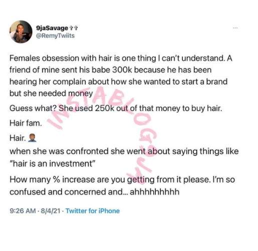 Lady uses N250k sent by her boyfriend to start a business to buy human hair - says it's an investment