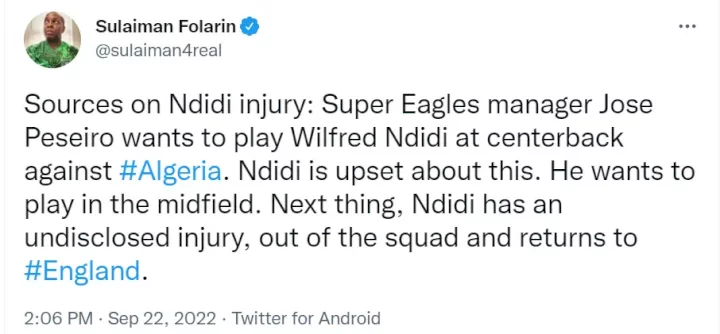 You didn't check your facts - Ndidi tackles journalist who said he feigned injury to get out of Super Eagles team