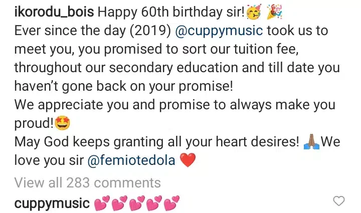 Ikorodu Bois celebrate Femi Otedola's 60th birthday, reveal he's been paying their tuition since 2019