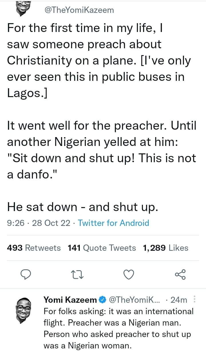 'This is not danfo - shut up!' - Female passenger reportedly tackles man preaching on plane
