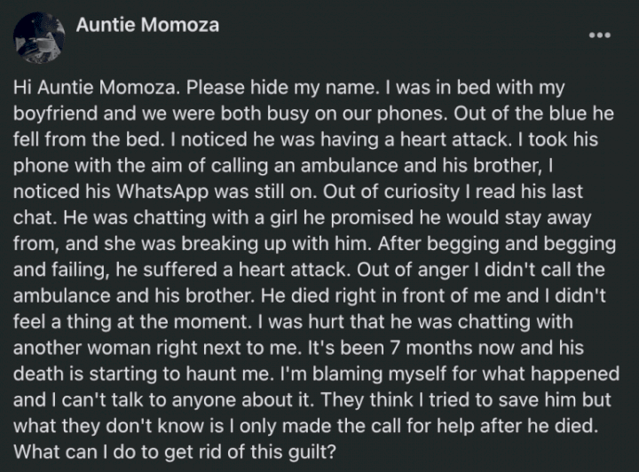 'I watched my cheating boyfriend die without calling for help' - Lady seeks advice on how to get over guilt