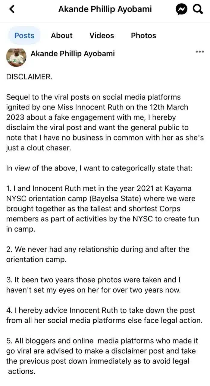 'We never dated, she's chasing clout' - Tallest corper debunks claims of relationship with ex-colleague
