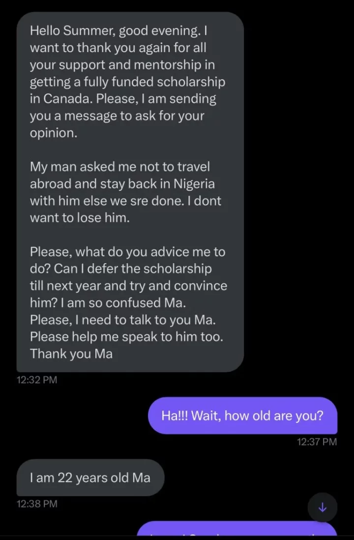 Young lady confused as boyfriend asks her to forgo scholarship in Canada for him