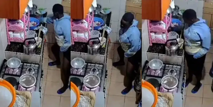 Maid caught on CCTV camera urinating in the kitchen on her first day of work