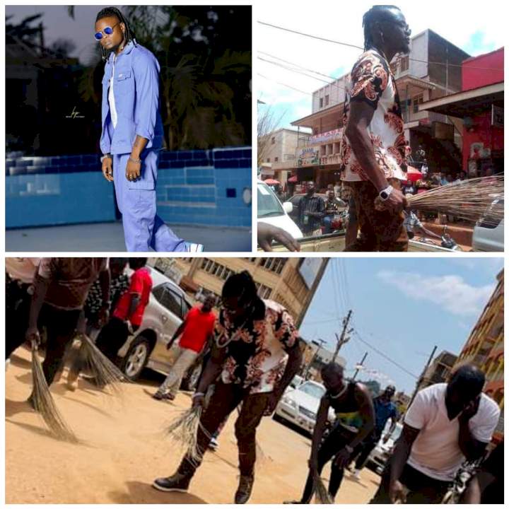 Popular Ugandan singer forced to sweep streets after turning up late for music show (photos/video)